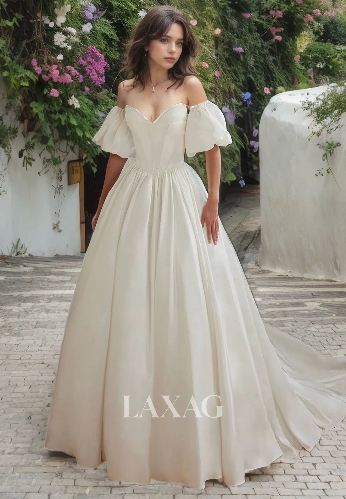 A-Line Off Shoulder Strapless Sleek Satin Elegant Wedding Dress with Train