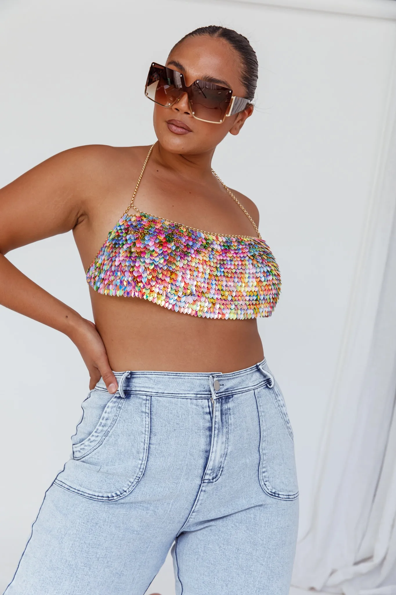 Aerys Holographic Dragon Scale Halter Chain Bralette