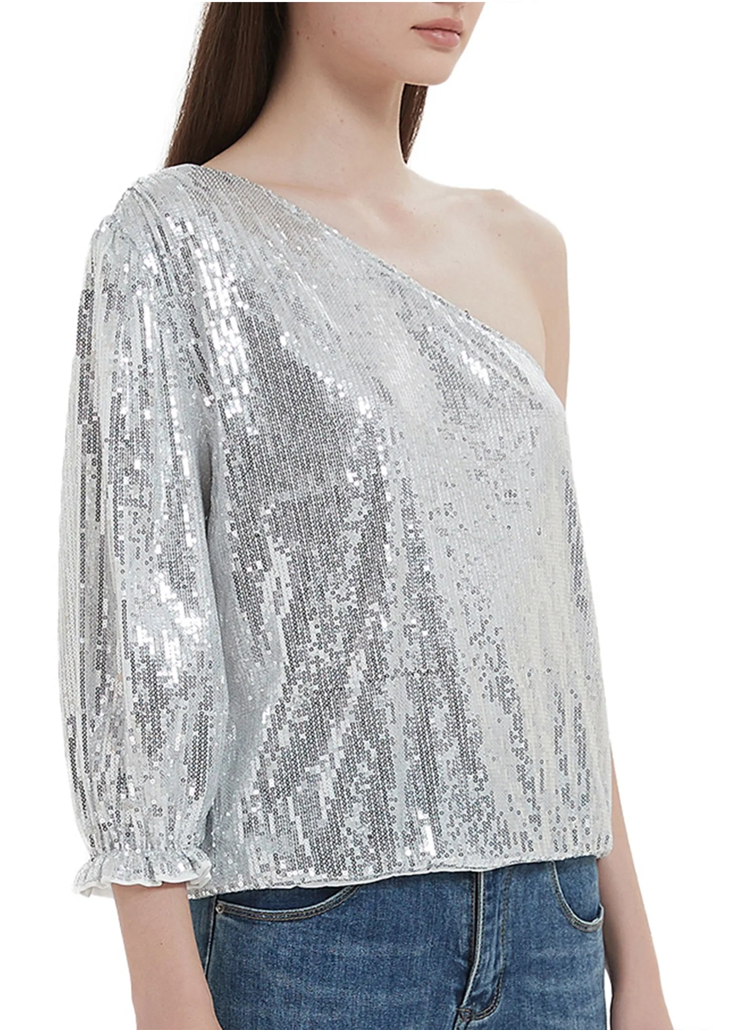 Anna-Kaci Summer Sparkle Sequins One Shoulder Top Blouse Cocktail Casual Glitter Sequined T-Shirt Tops