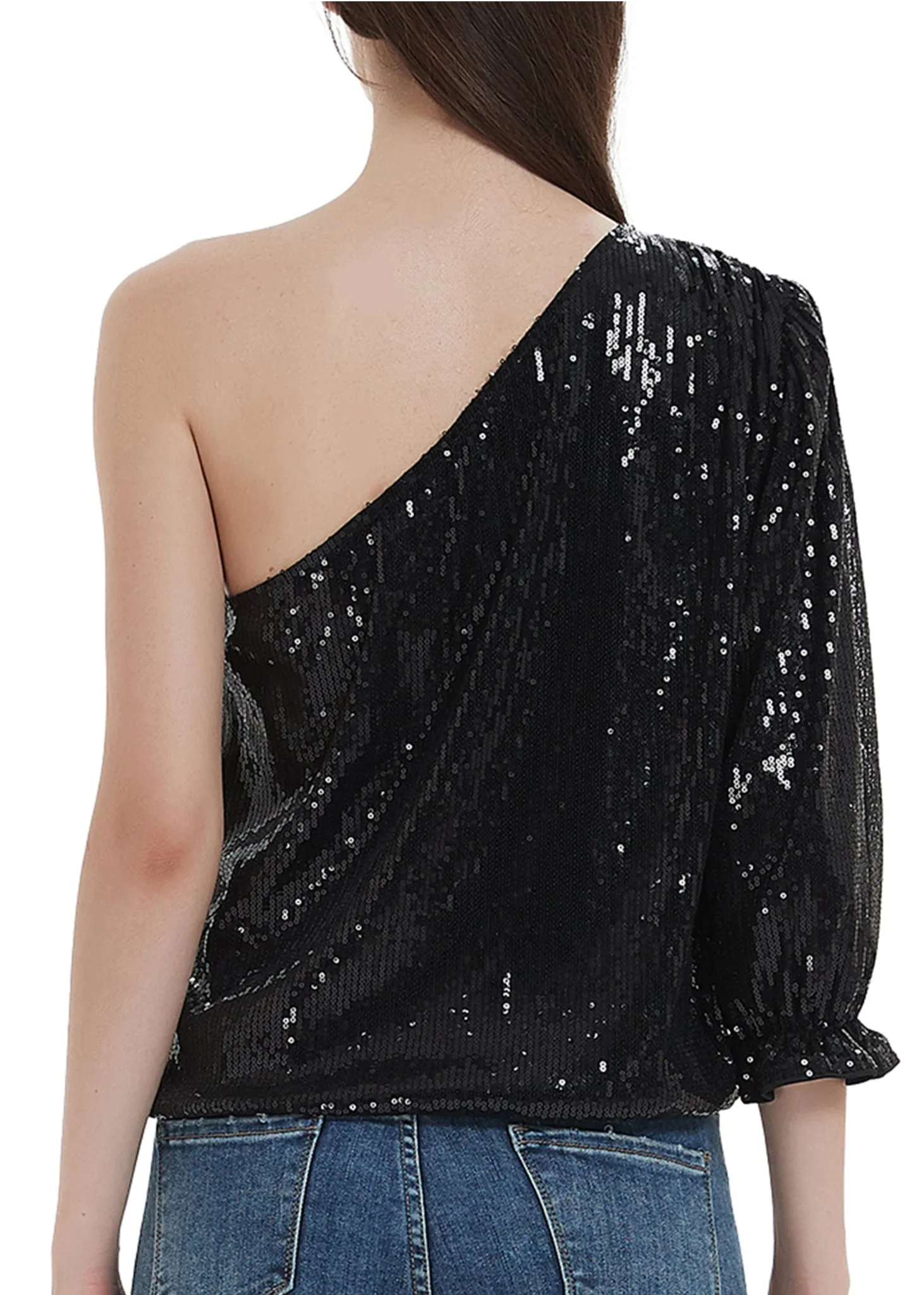 Anna-Kaci Summer Sparkle Sequins One Shoulder Top Blouse Cocktail Casual Glitter Sequined T-Shirt Tops