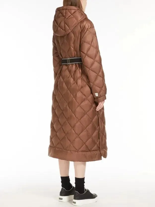 Belted Diamond Hooded Puffer Long Down Coat