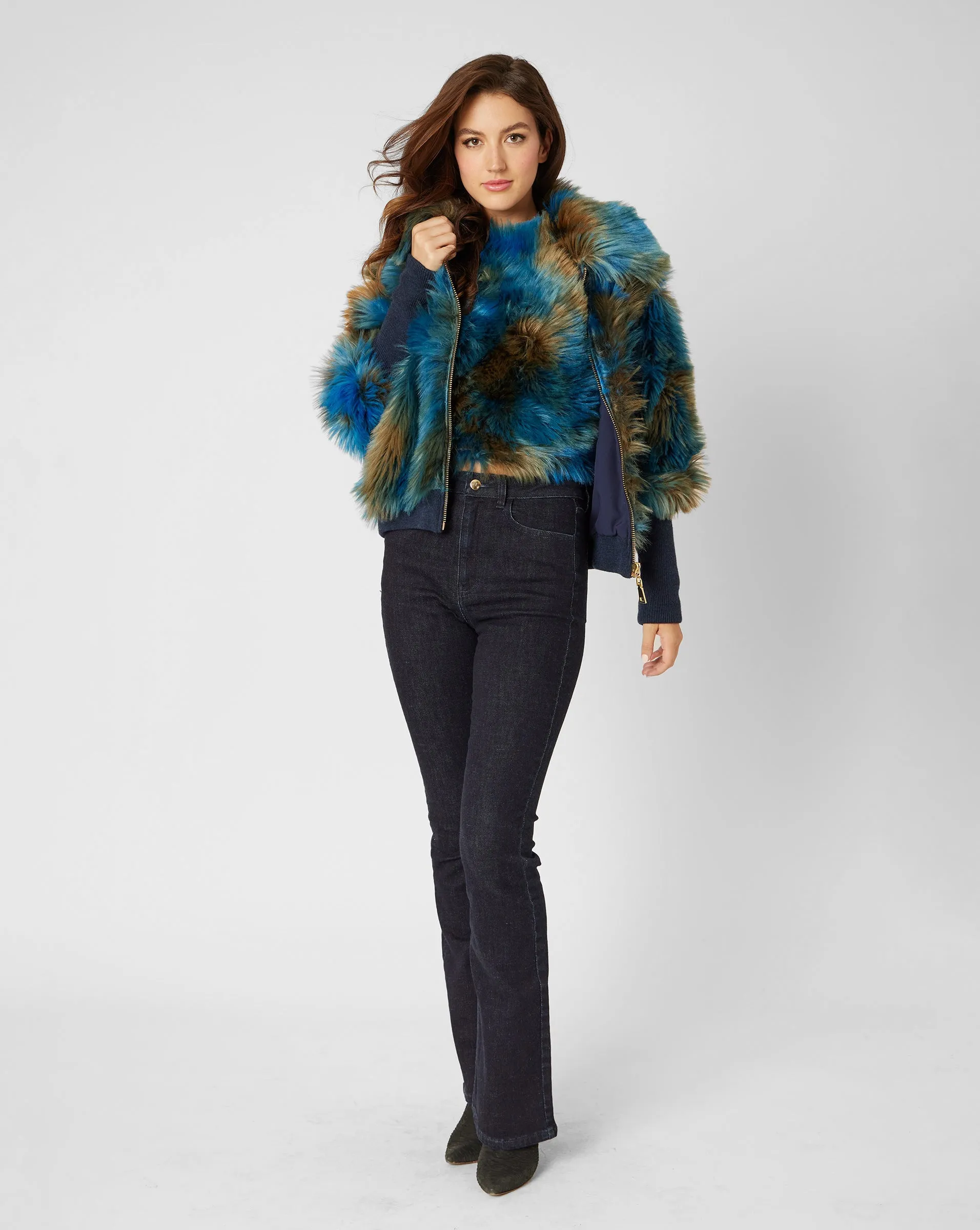 Blue Green Print Faux Fur Bomber Jacket