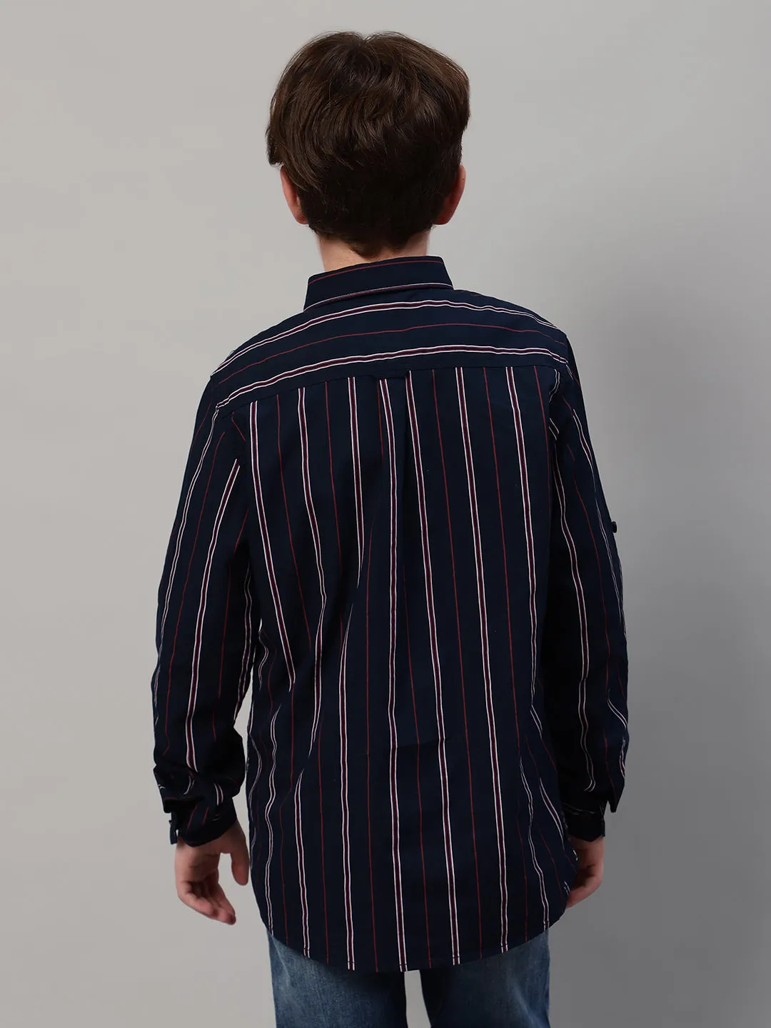 Boy's Navy Blue Striped Full Sleeve Shirt