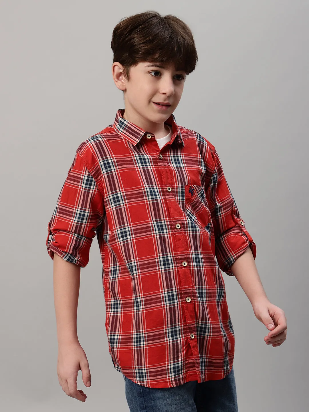 Boy's Orange Checkered Full Sleeve Shirt