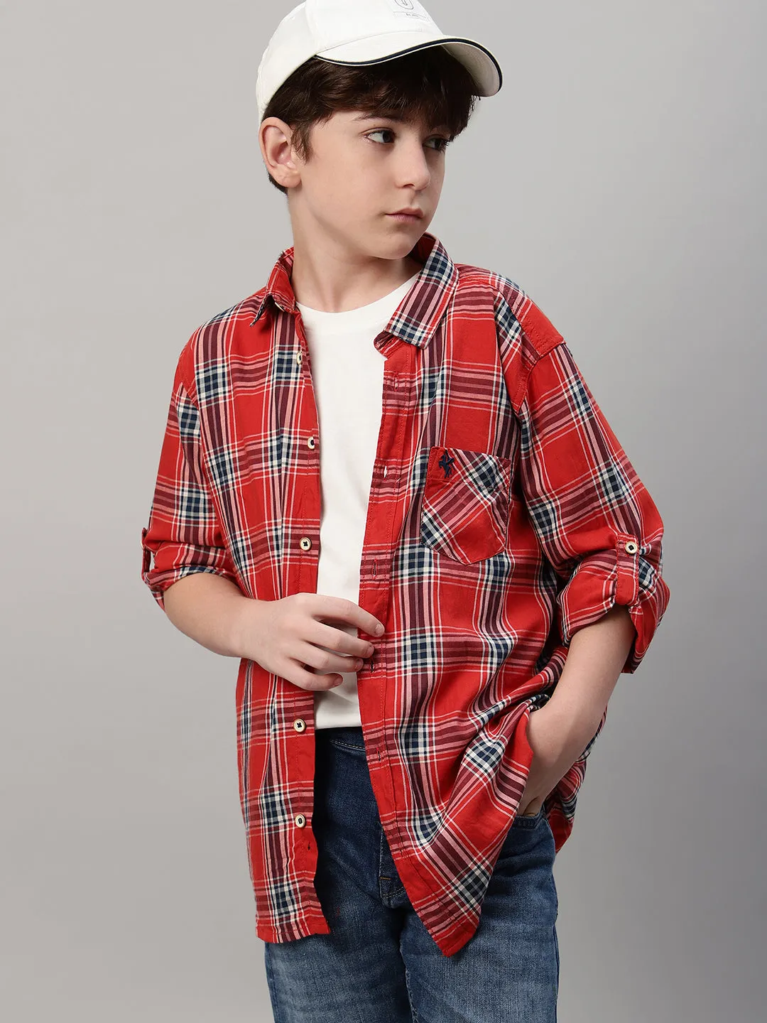 Boy's Orange Checkered Full Sleeve Shirt