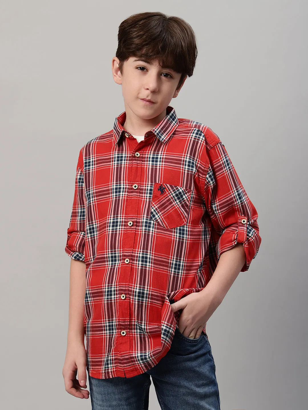 Boy's Orange Checkered Full Sleeve Shirt