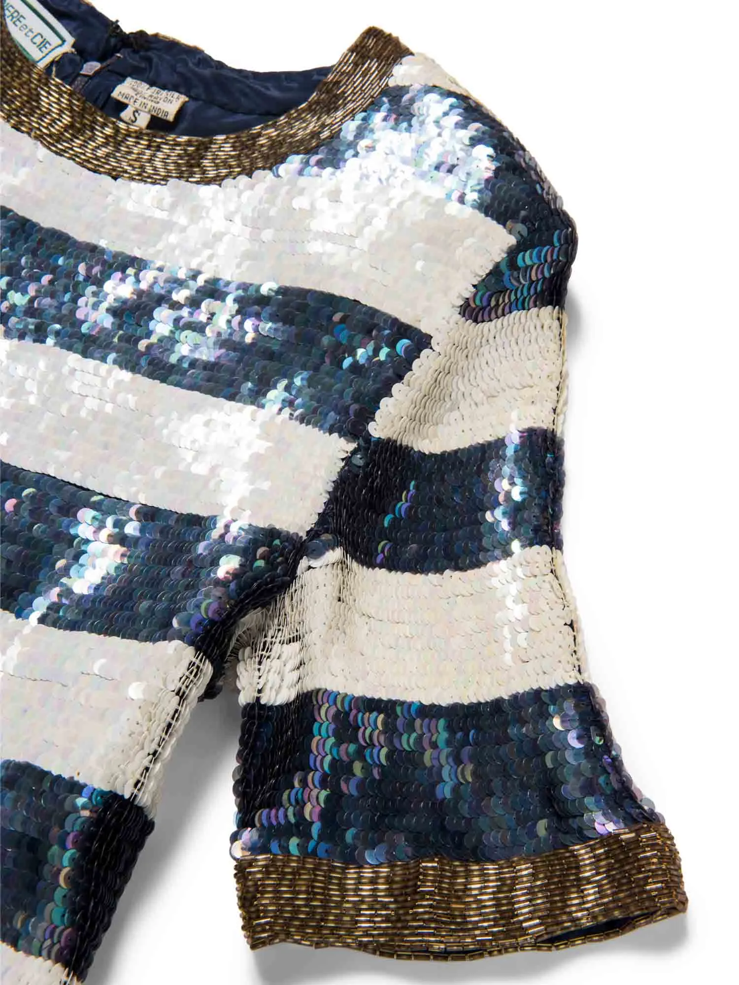 Cardiere Et Cie Silk Anchor Stripe Sequin Top Blue White