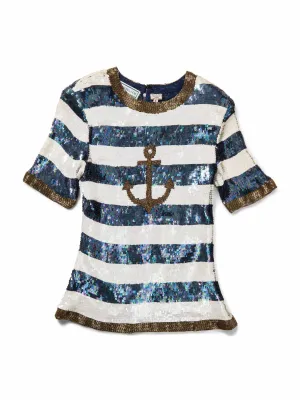 Cardiere Et Cie Silk Anchor Stripe Sequin Top Blue White