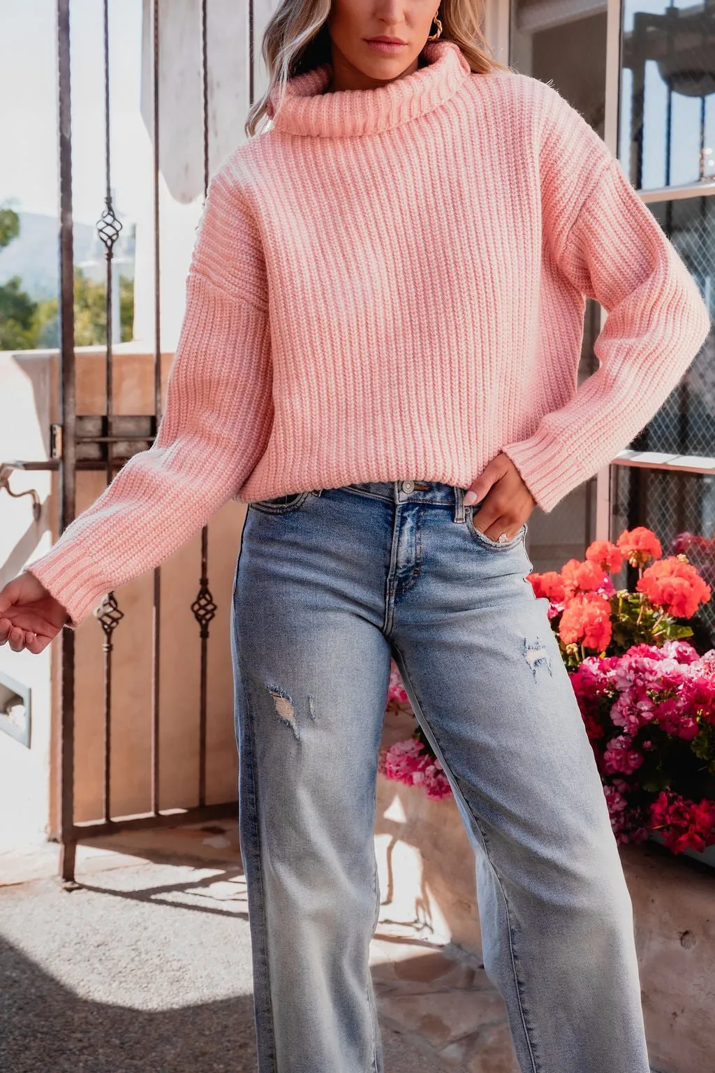 Chunky Pink Ribbed Turtleneck Sweater