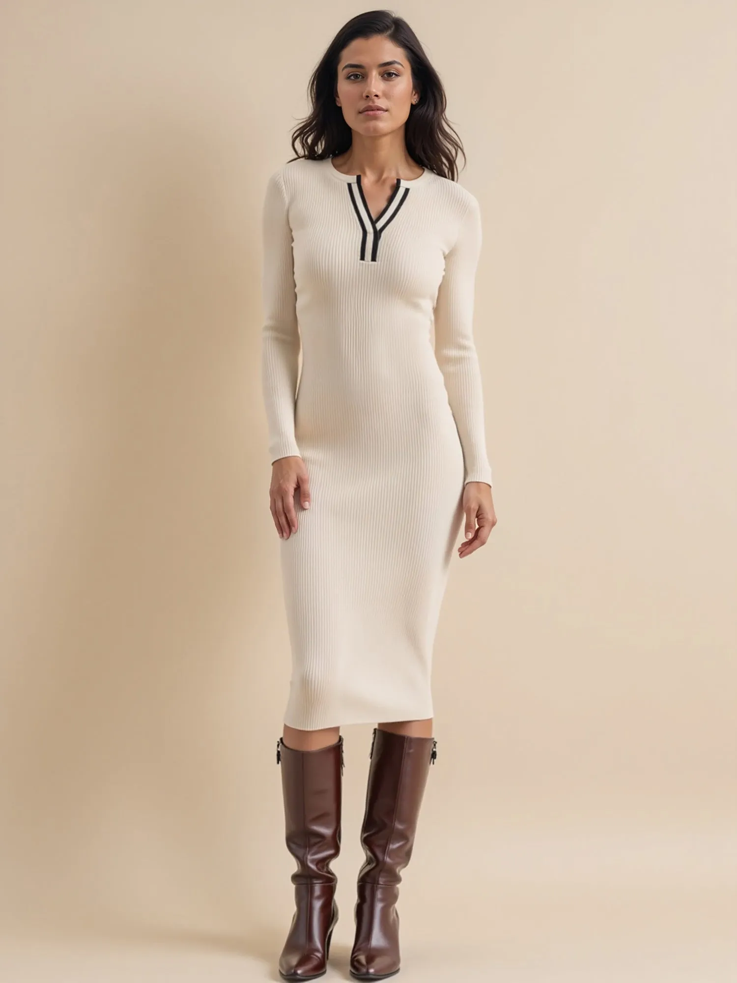 Contrast Trim Collared Button Front Midi Dress