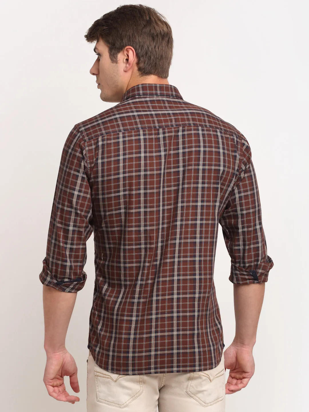 Cotton Checkered Brown Full Sleeve Casual Shirt for Men with Pocket