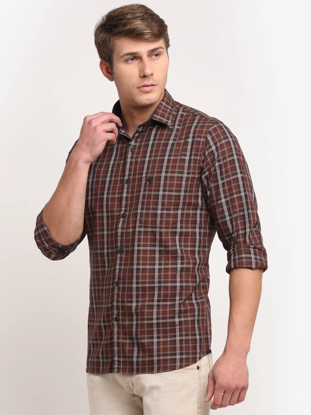 Cotton Checkered Brown Full Sleeve Casual Shirt for Men with Pocket