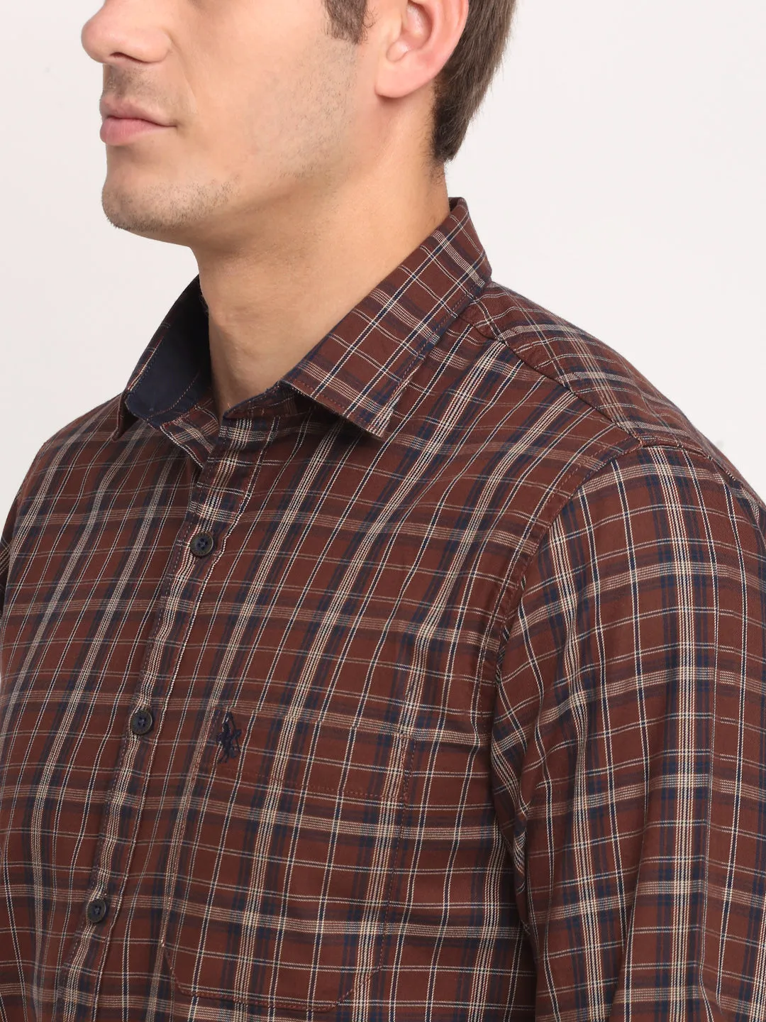 Cotton Checkered Brown Full Sleeve Casual Shirt for Men with Pocket