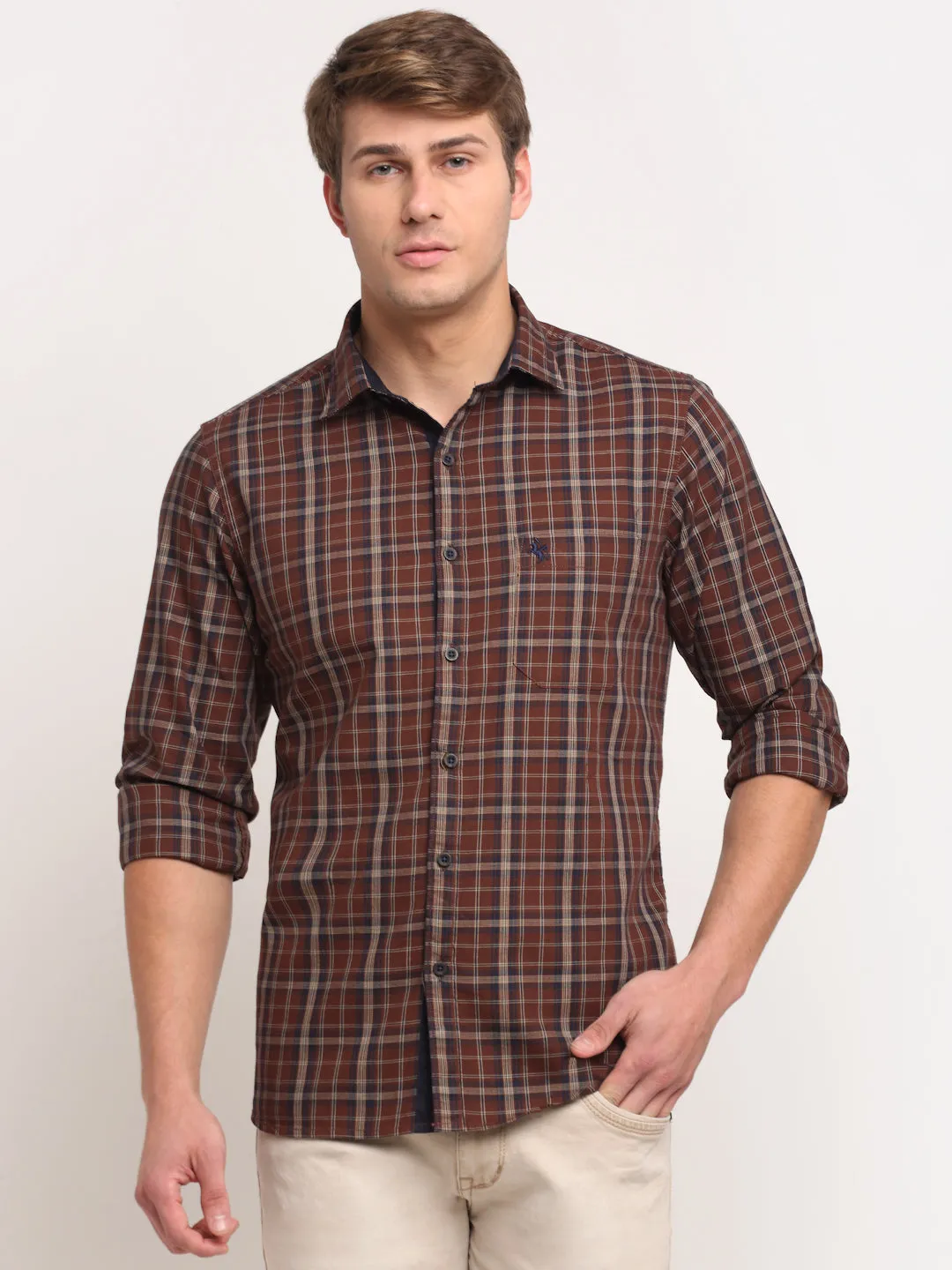 Cotton Checkered Brown Full Sleeve Casual Shirt for Men with Pocket