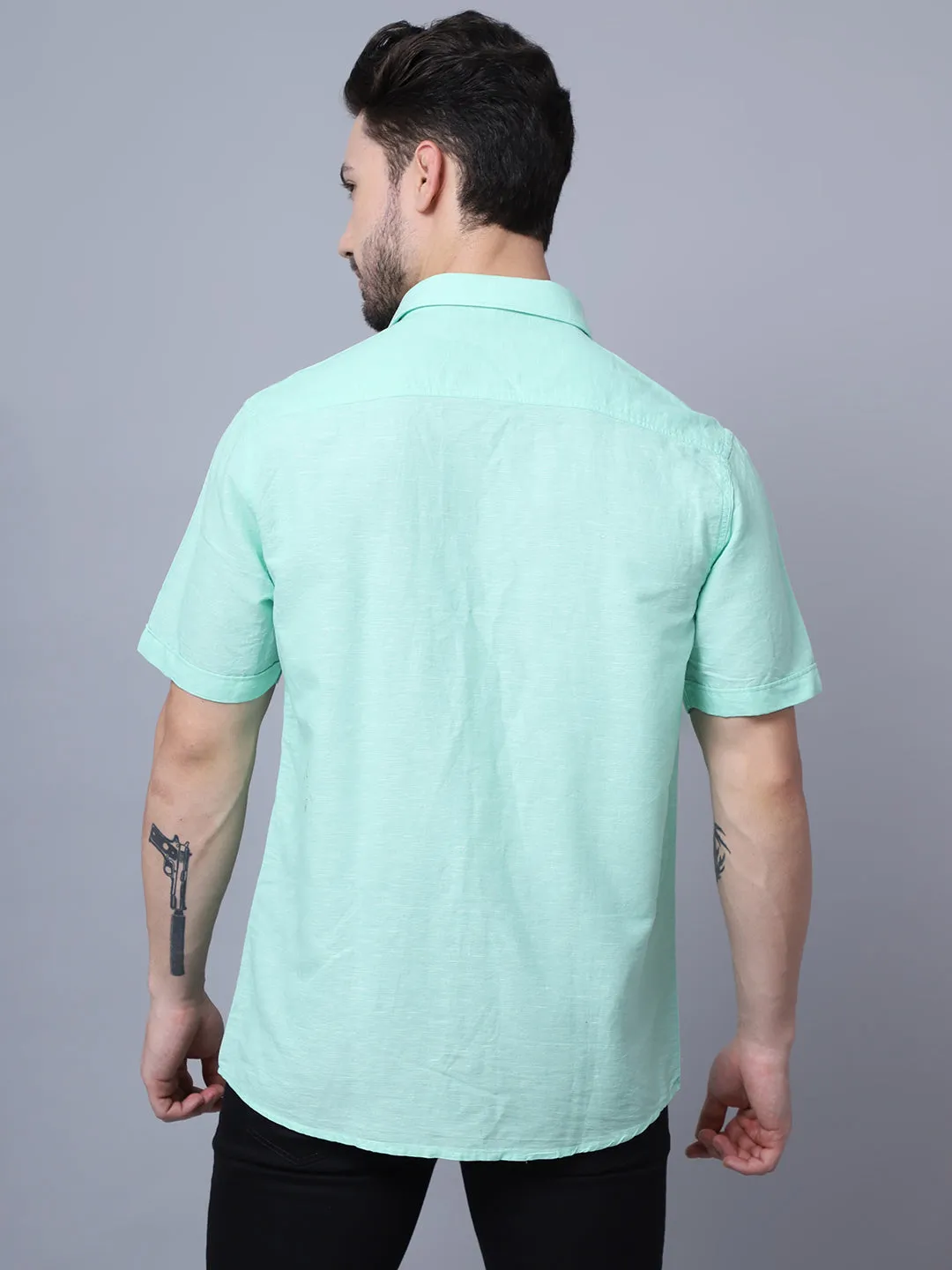 Cotton Solid Mint Green Half Sleeve Regular Fit Casual Shirt for Men with Pocket