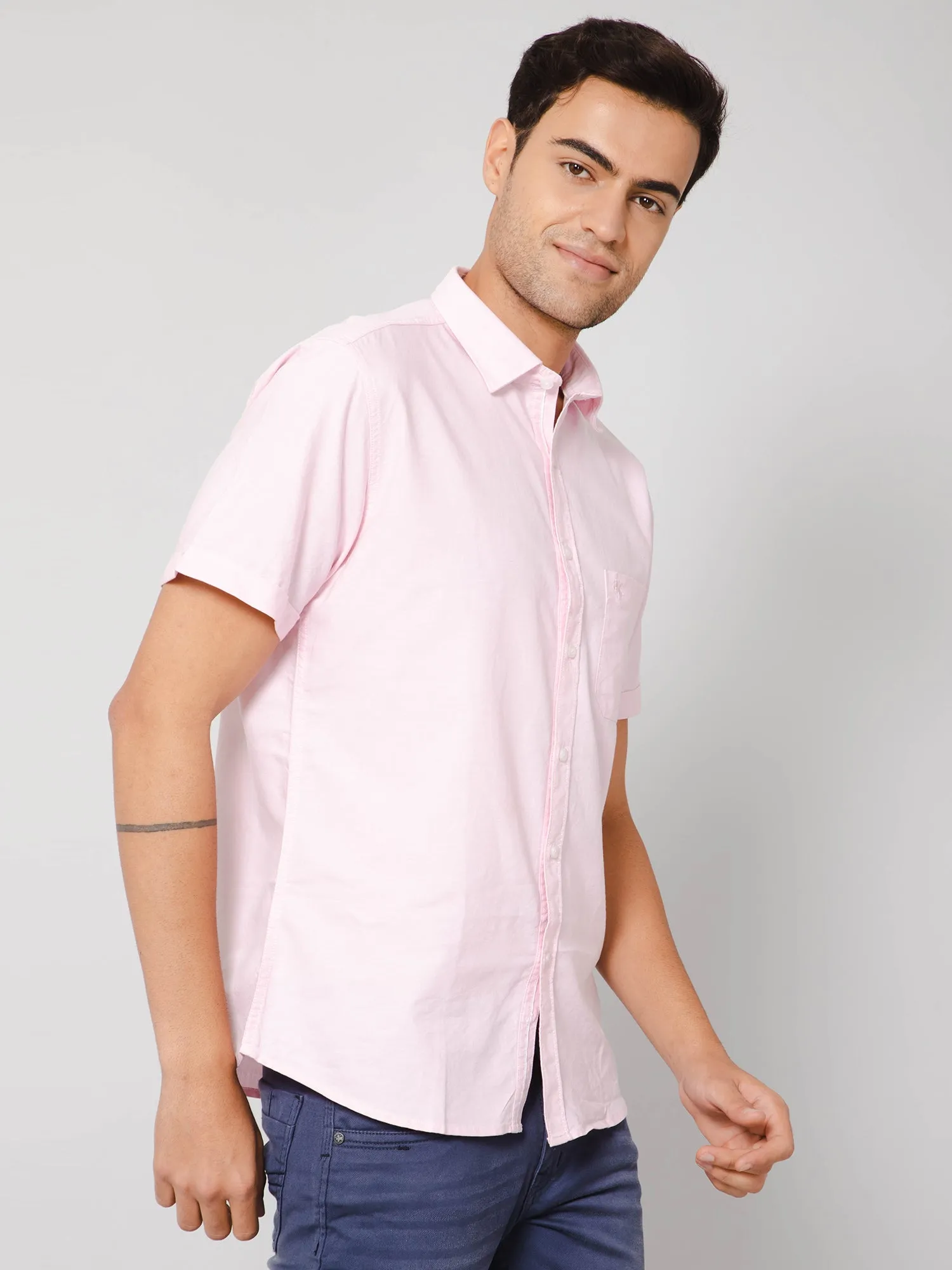 Cotton Solid Pink Half Sleeve Regular Fit Casual Shirt for Men with Pocket