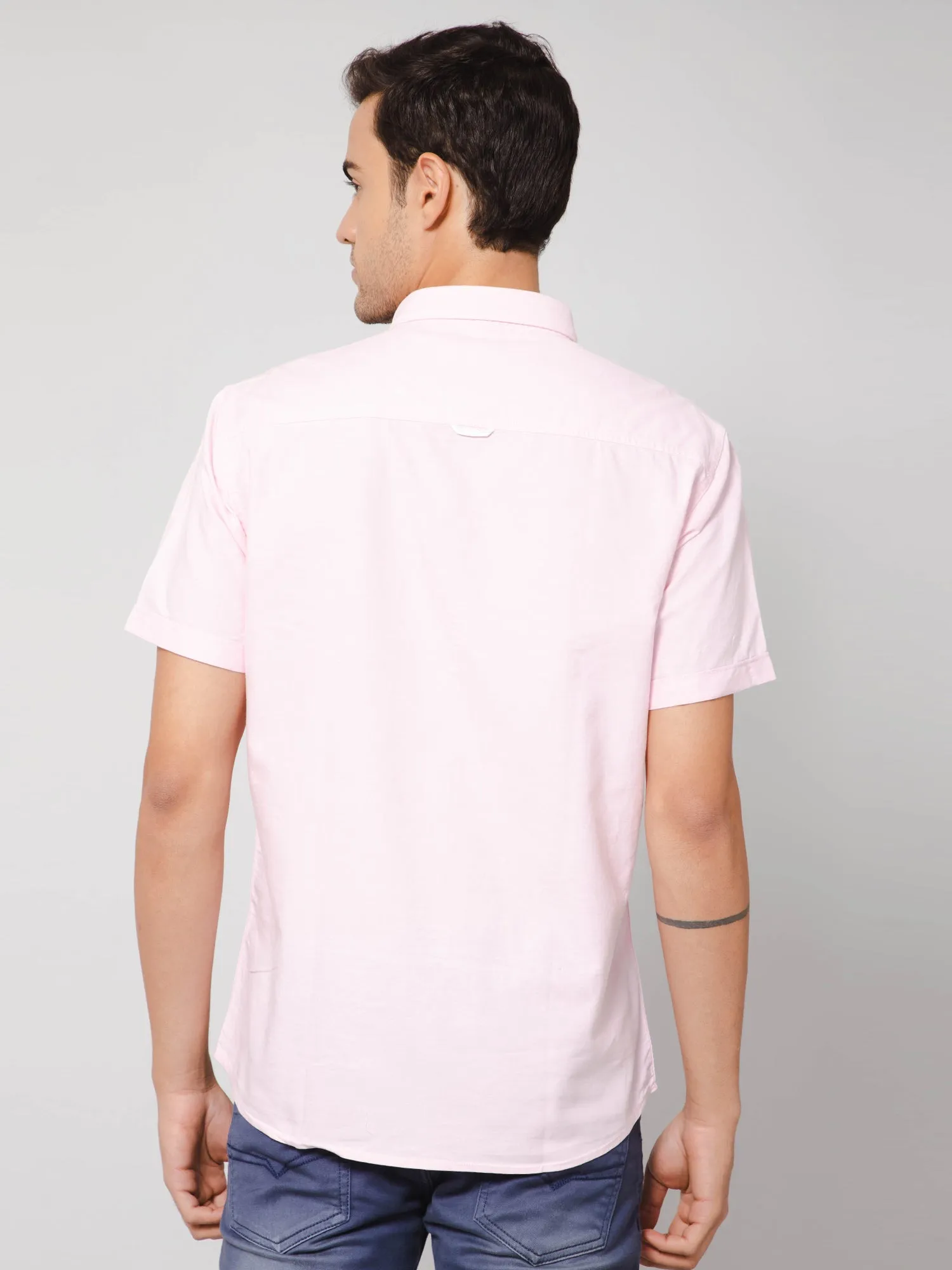 Cotton Solid Pink Half Sleeve Regular Fit Casual Shirt for Men with Pocket