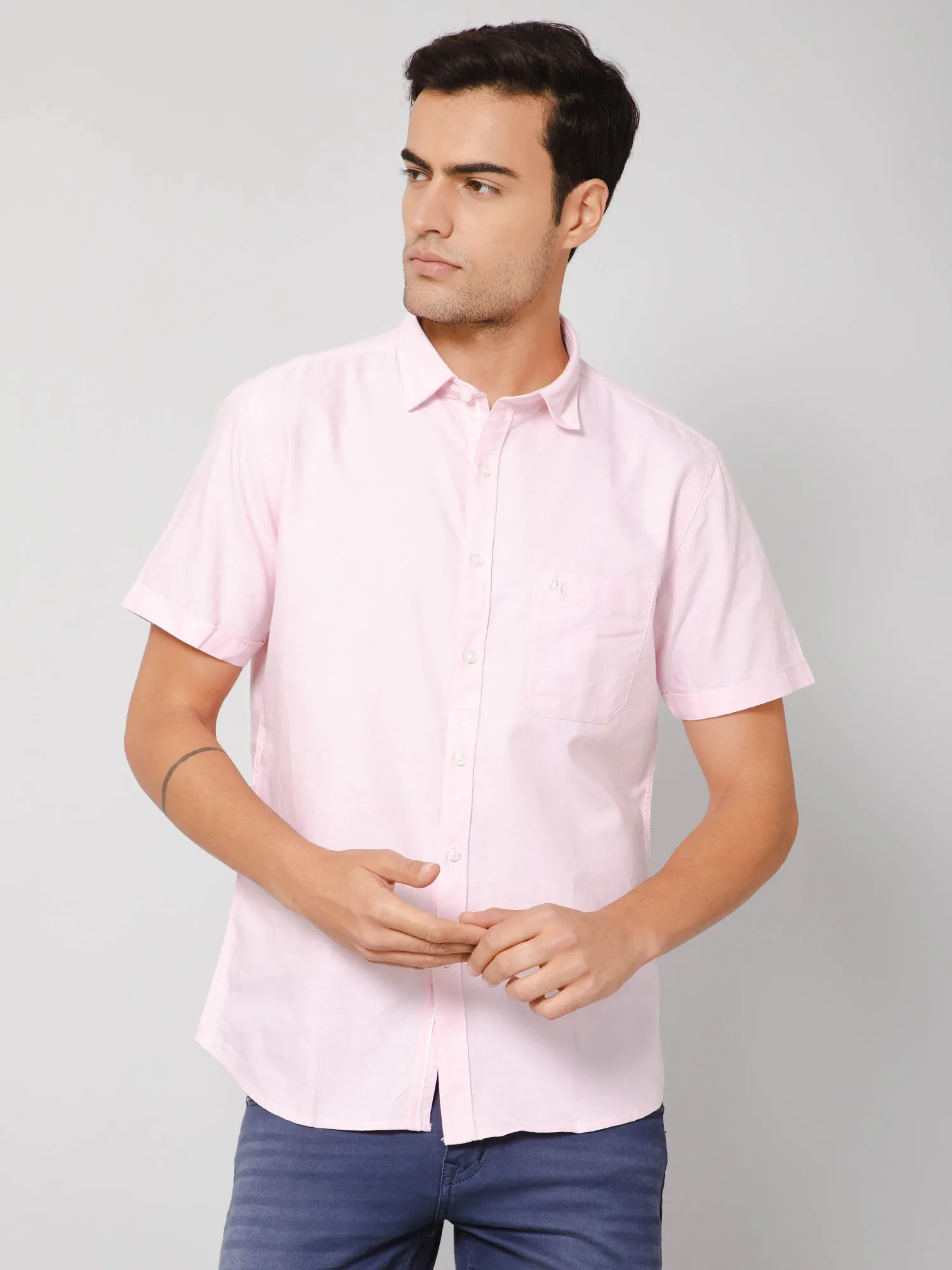 Cotton Solid Pink Half Sleeve Regular Fit Casual Shirt for Men with Pocket