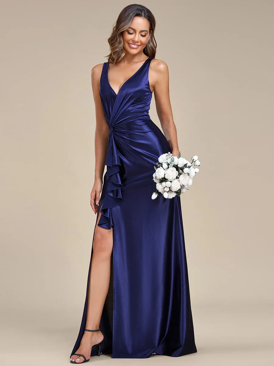 Deep V-Neck Stylish Waist Pleated High Slit Satin Evening Dress