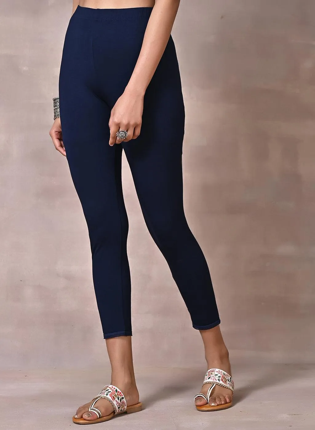 Farah Navy Blue Viscose Lycra Leggings for Women