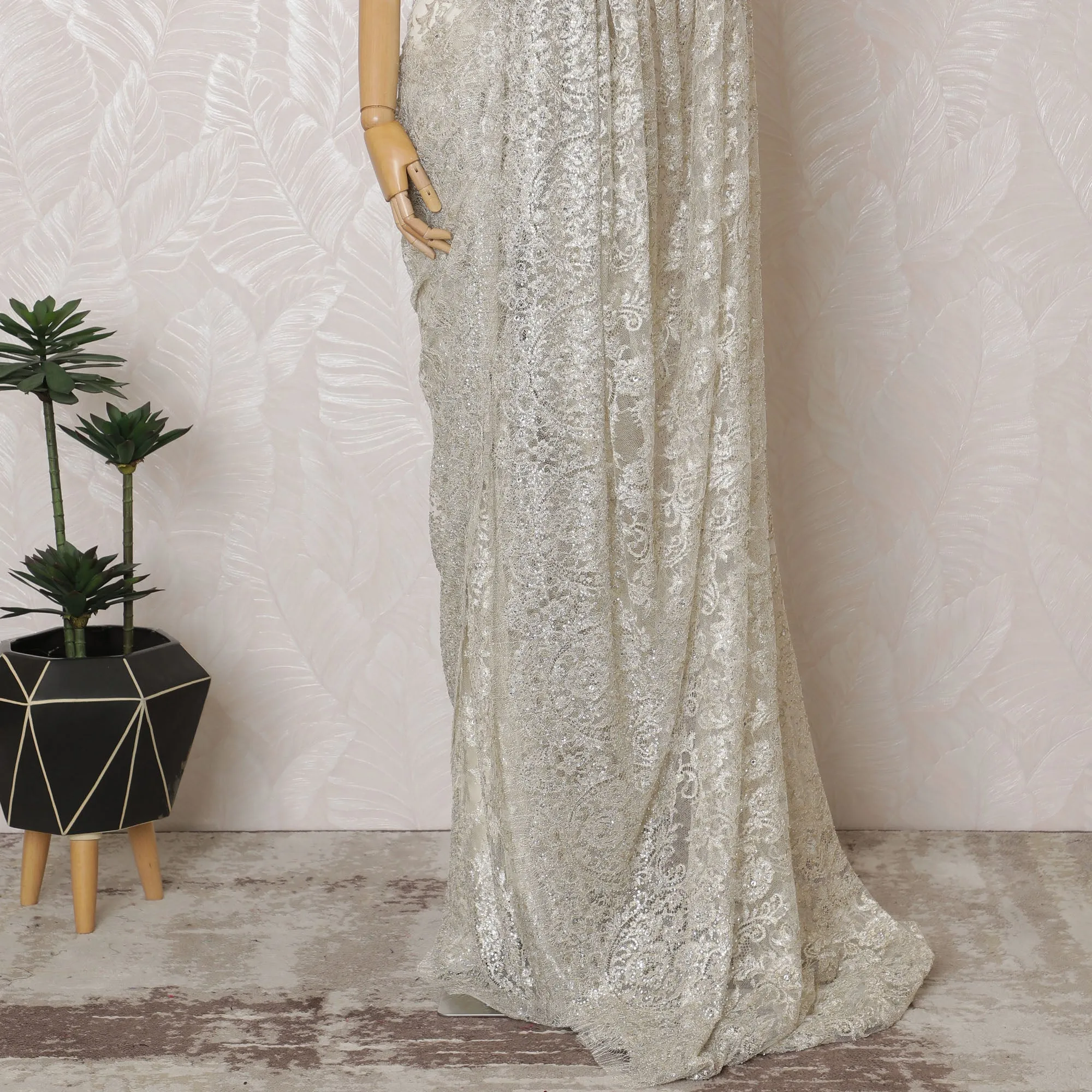 French Metallic Silver Chantilly Saree Lace with Stone Work – 110 cm Width, 5.5 Meters, Made in France-D19422