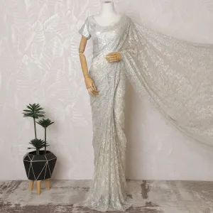 French Metallic Silver Chantilly Saree Lace with Stone Work – 110 cm Width, 5.5 Meters, Made in France-D19422