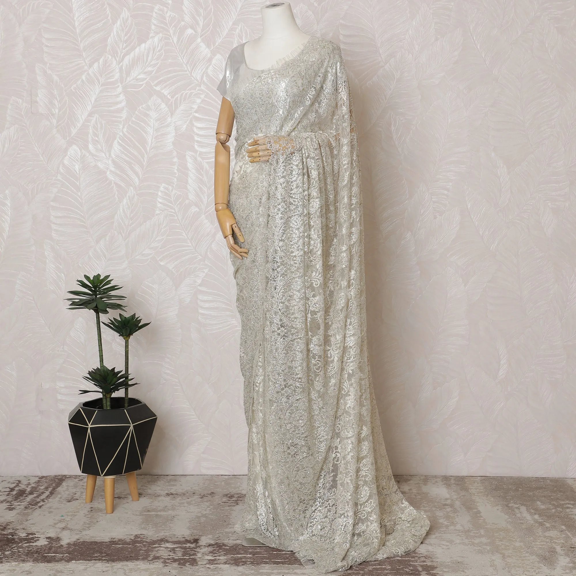 French Metallic Silver Chantilly Saree Lace with Stone Work – 110 cm Width, 5.5 Meters, Made in France-D19422