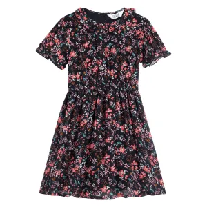 Girls Black Floral Printed Half Sleeves Casual Dress