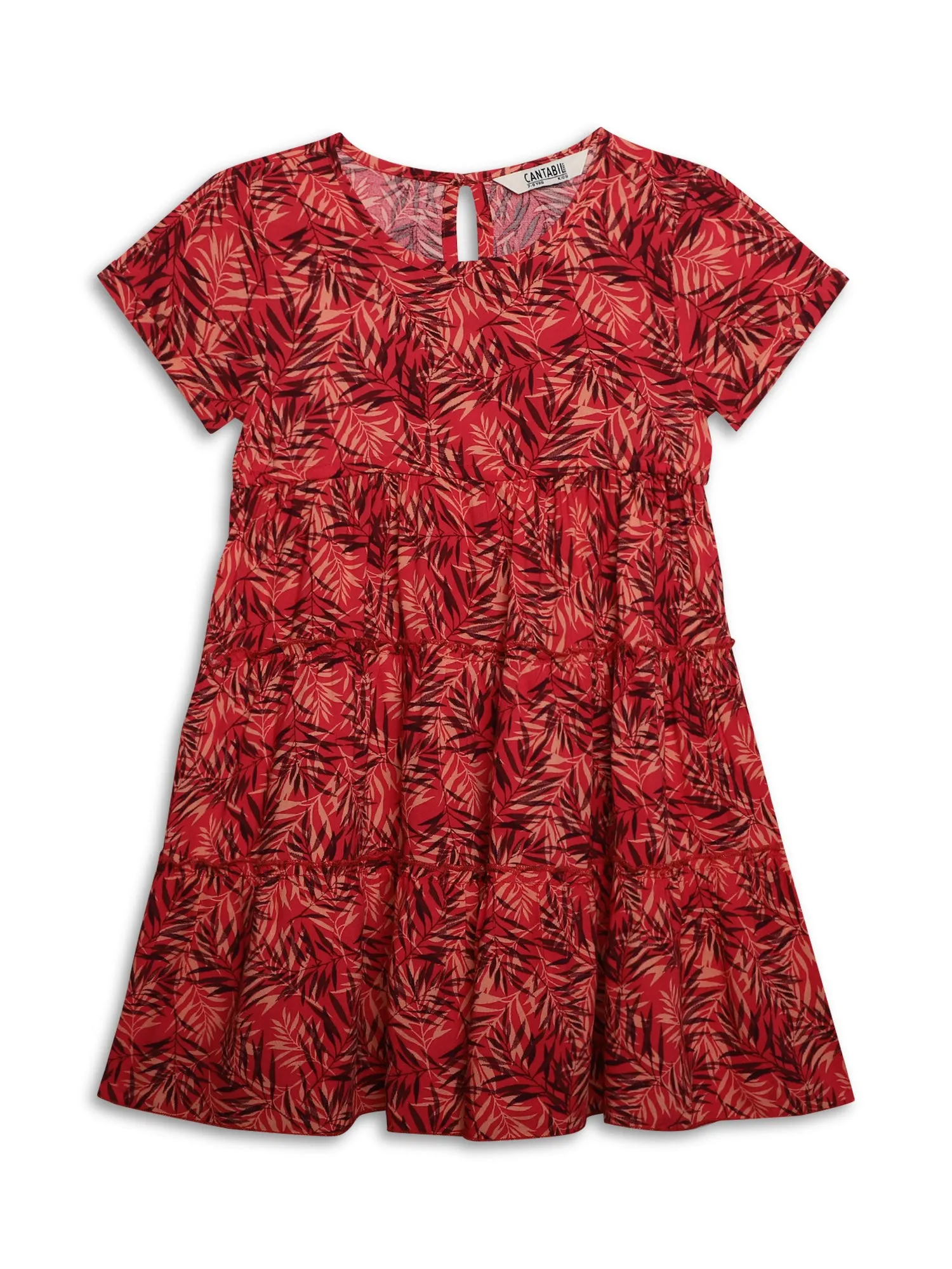 Girls Rayon Floral Print Round Neck Half Sleeves Fit and Flare Red Casual Dress