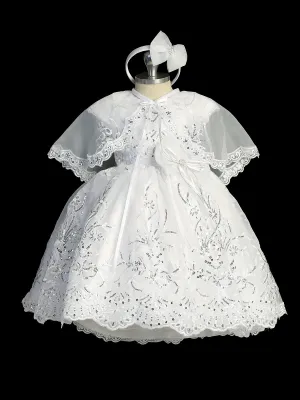 Girls White Cap Sleeve Baptism Dress with Sequin Embroidery, Sizes 0-6