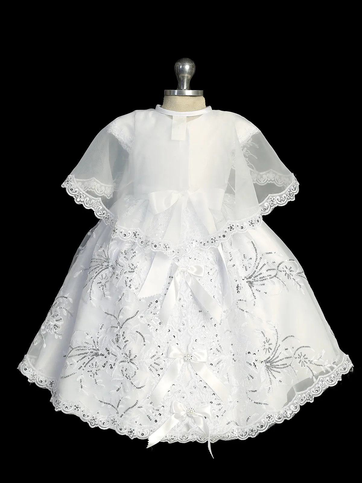 Girls White Cap Sleeve Baptism Dress with Sequin Embroidery, Sizes 0-6