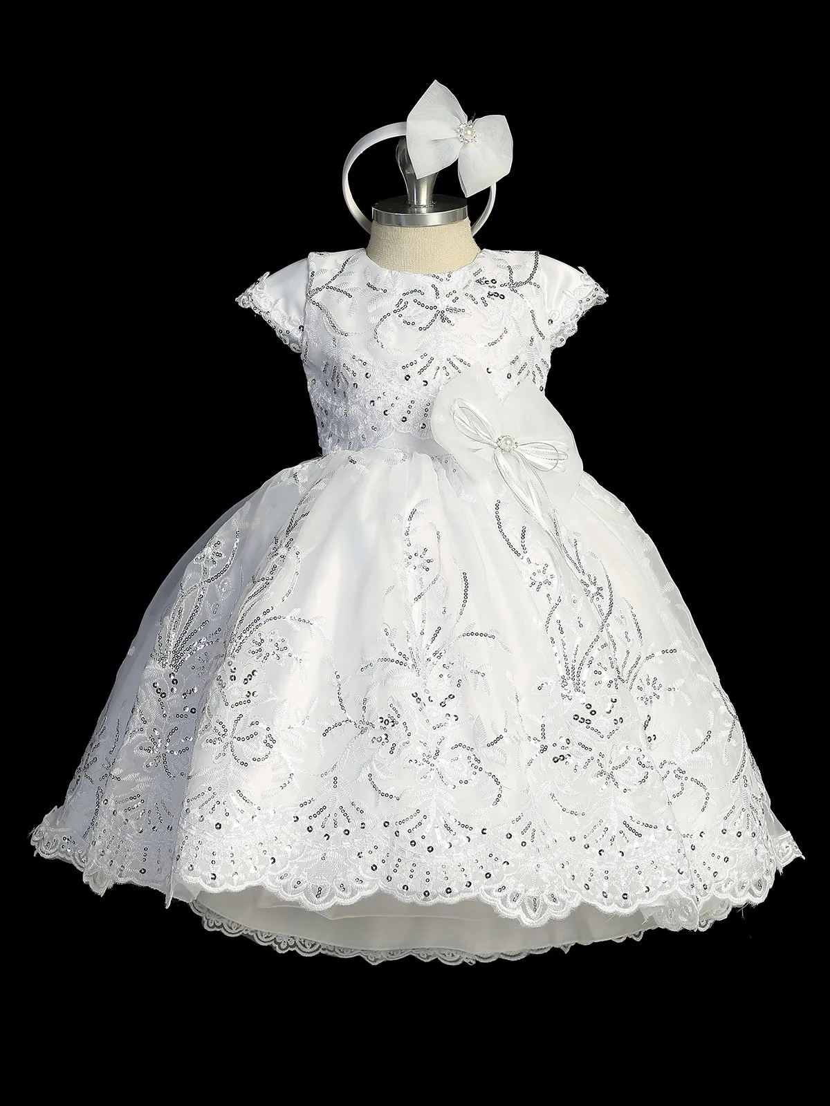 Girls White Cap Sleeve Baptism Dress with Sequin Embroidery, Sizes 0-6