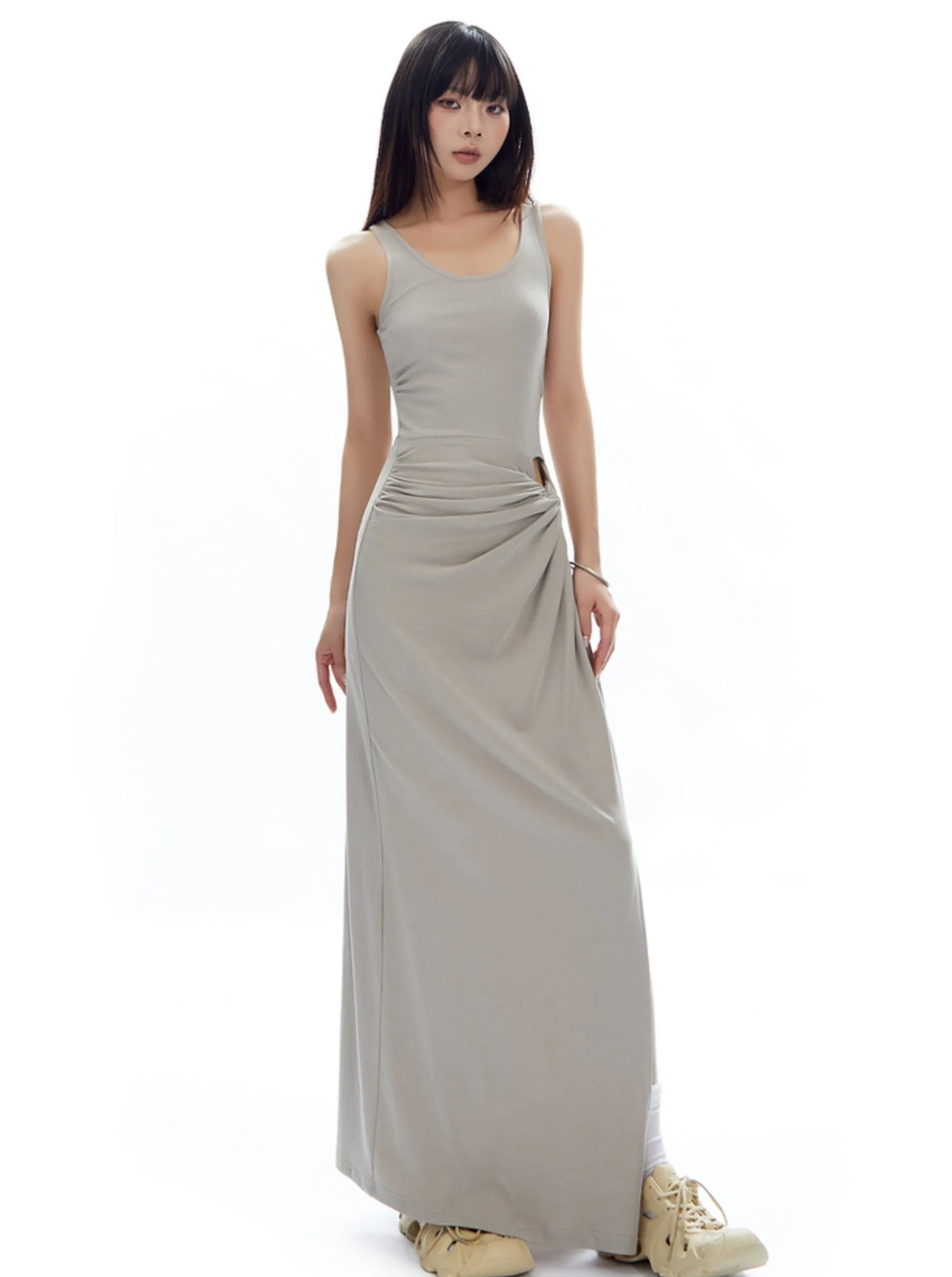 Gray Ruched Side-Slit Maxi Dress