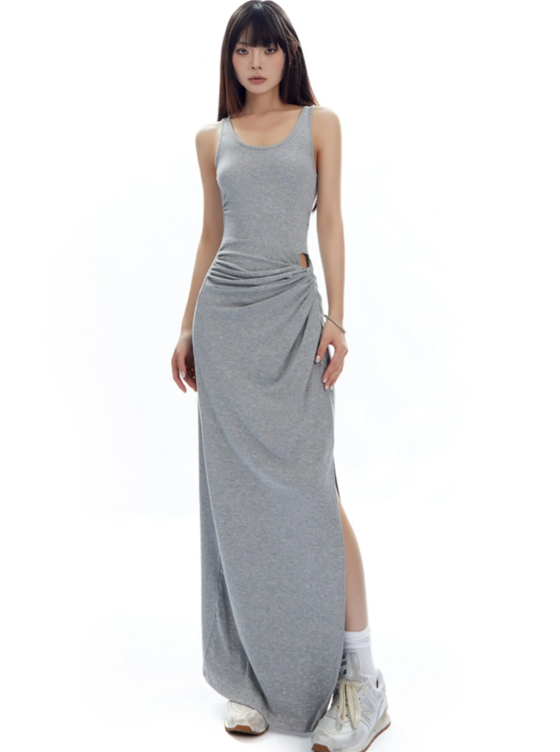 Gray Ruched Side-Slit Maxi Dress