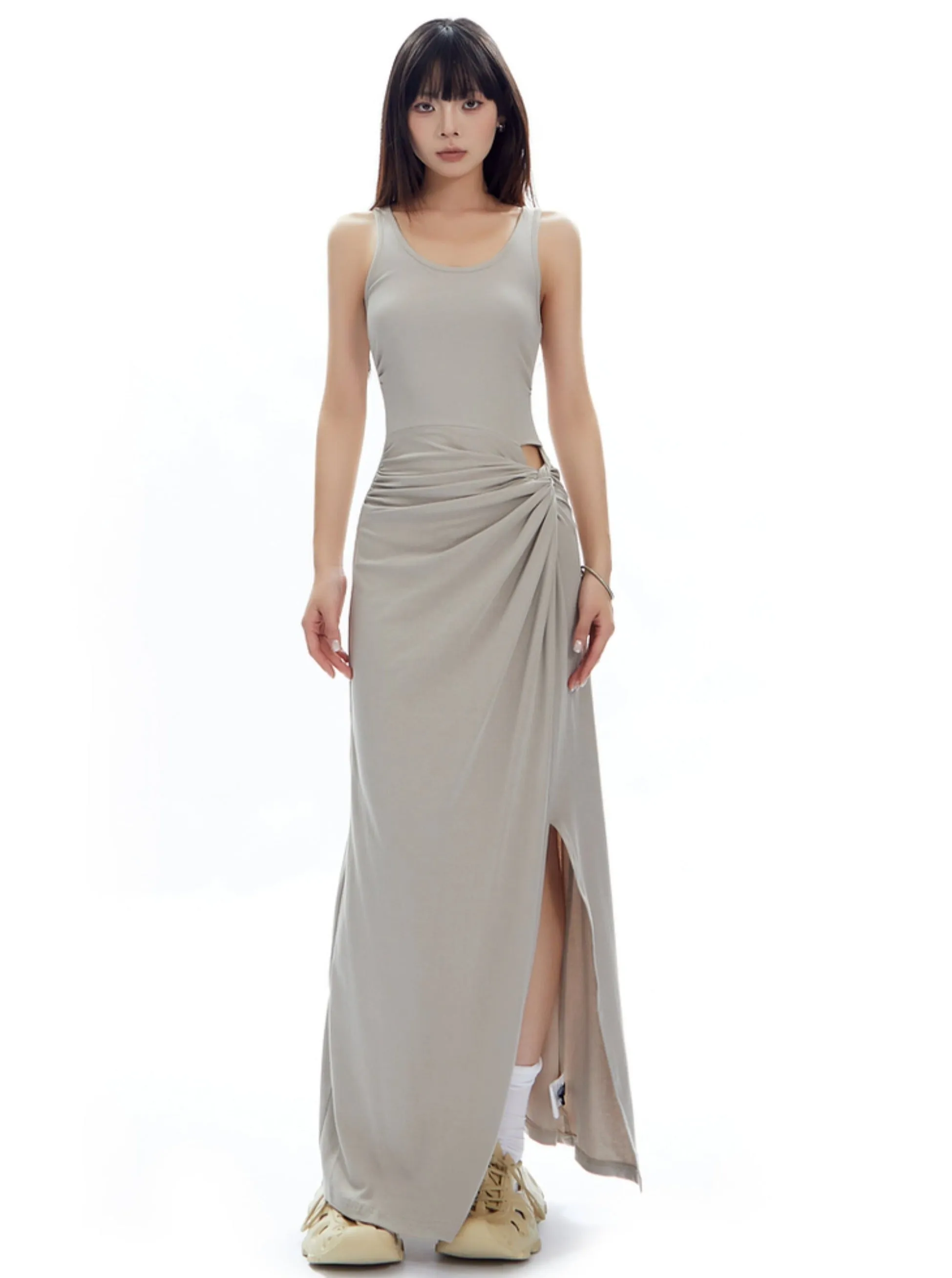 Gray Ruched Side-Slit Maxi Dress