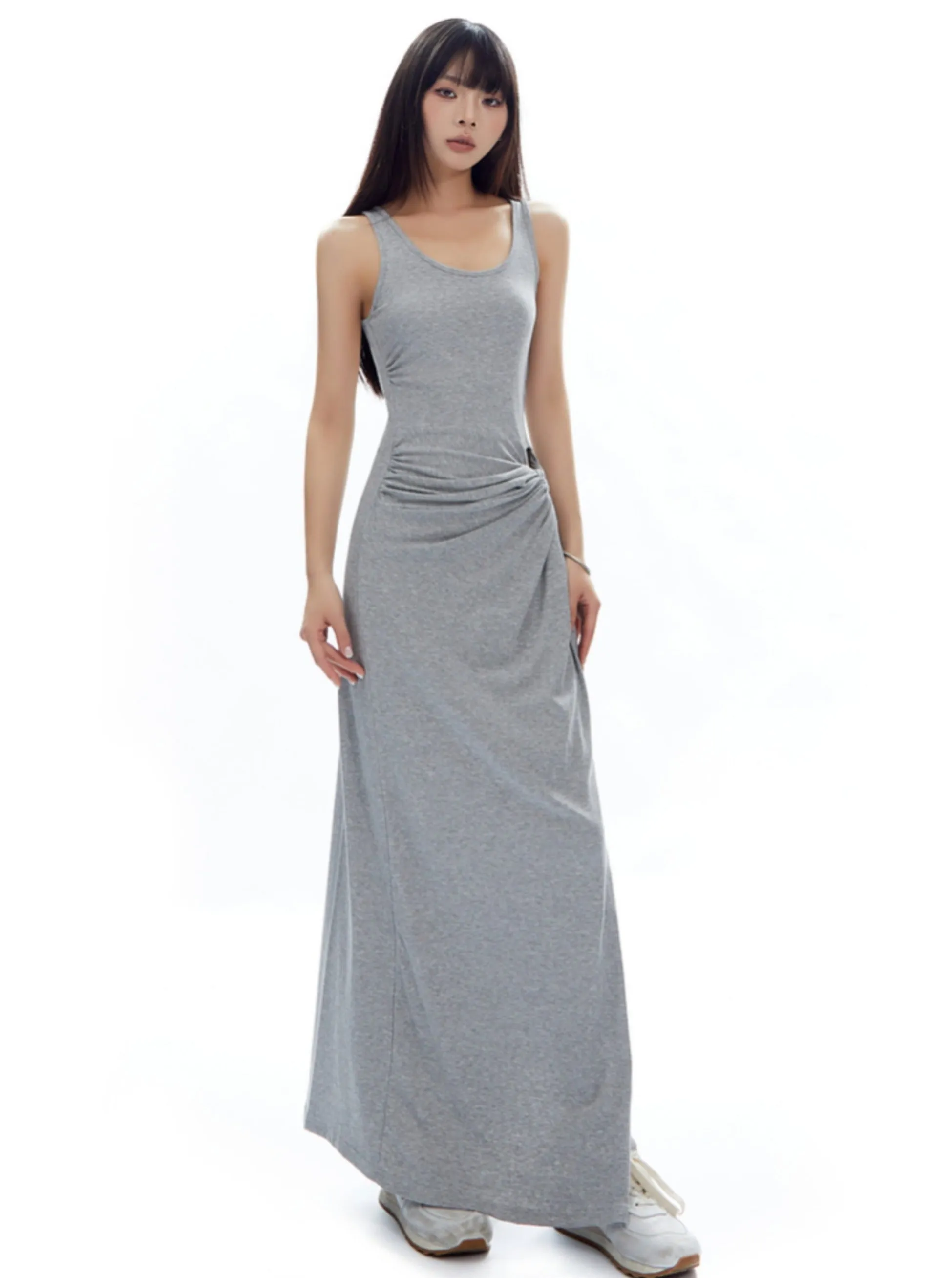 Gray Ruched Side-Slit Maxi Dress