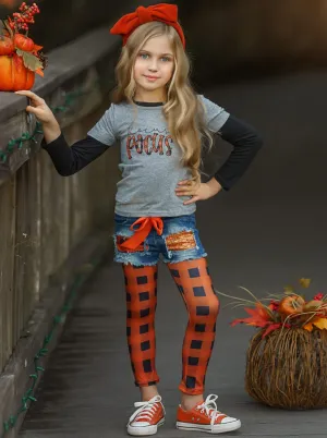 Hocus Pocus Top, Patched Denim Shorts and Plaid Legging Set