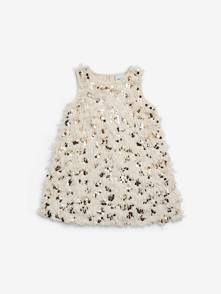 HOP Kids Light Gold Sequined Faux-Fur Party Dress