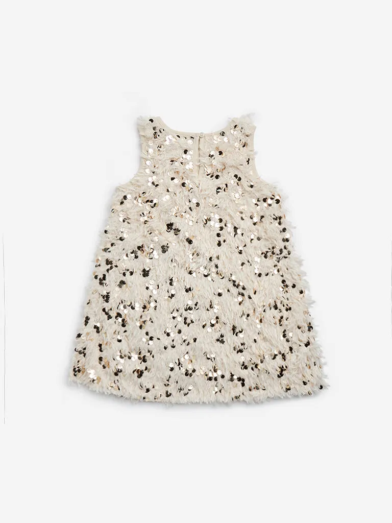 HOP Kids Light Gold Sequined Faux-Fur Party Dress