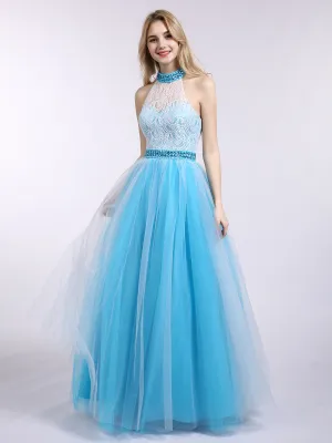 Illusion High Neck Lace and Tulle Dress-Royal Blue