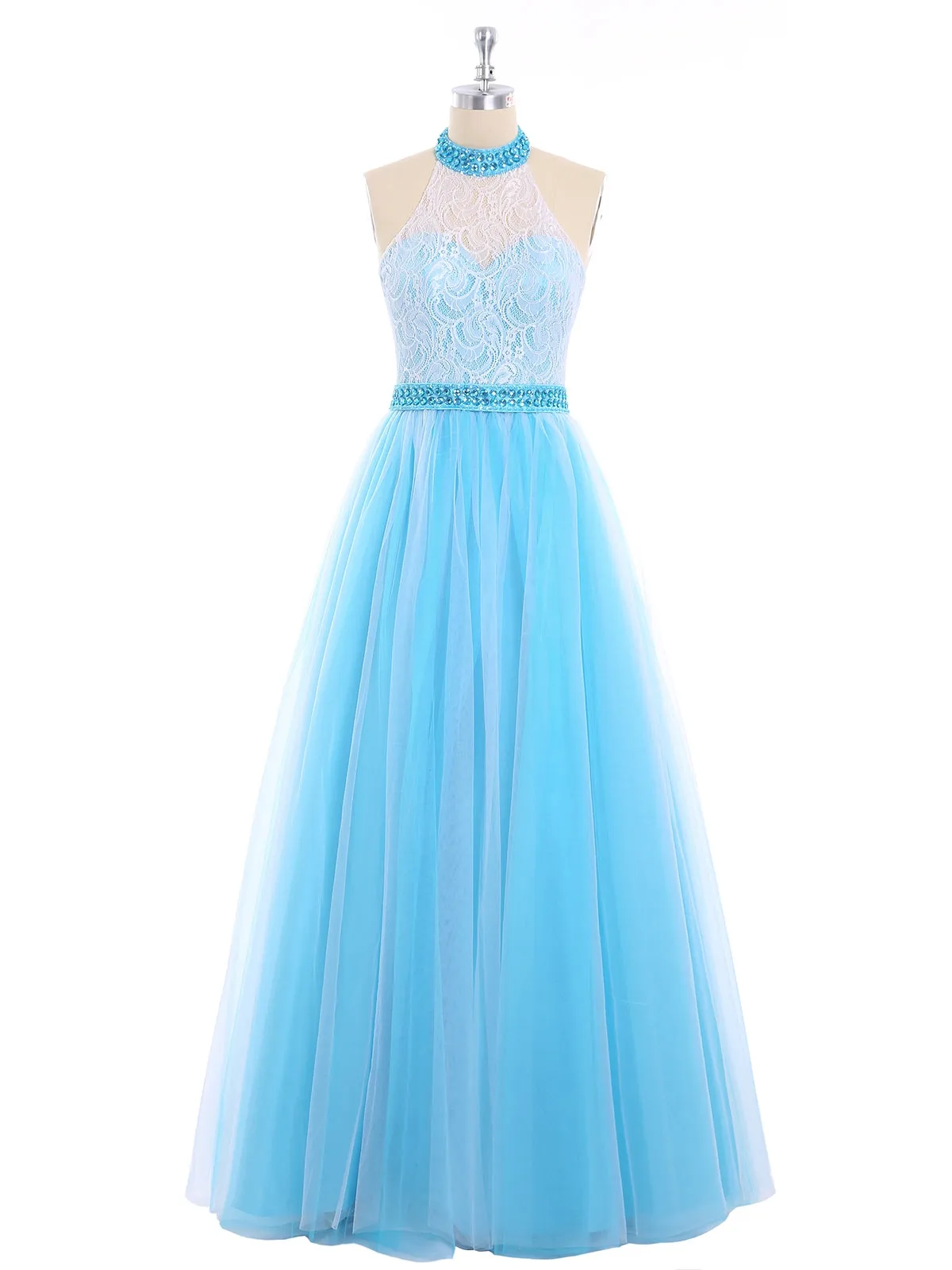 Illusion High Neck Lace and Tulle Dress-Royal Blue