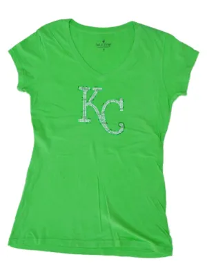 Kansas City Royals SAAG Women Neon Green Sequin Cotton V-Neck T-Shirt