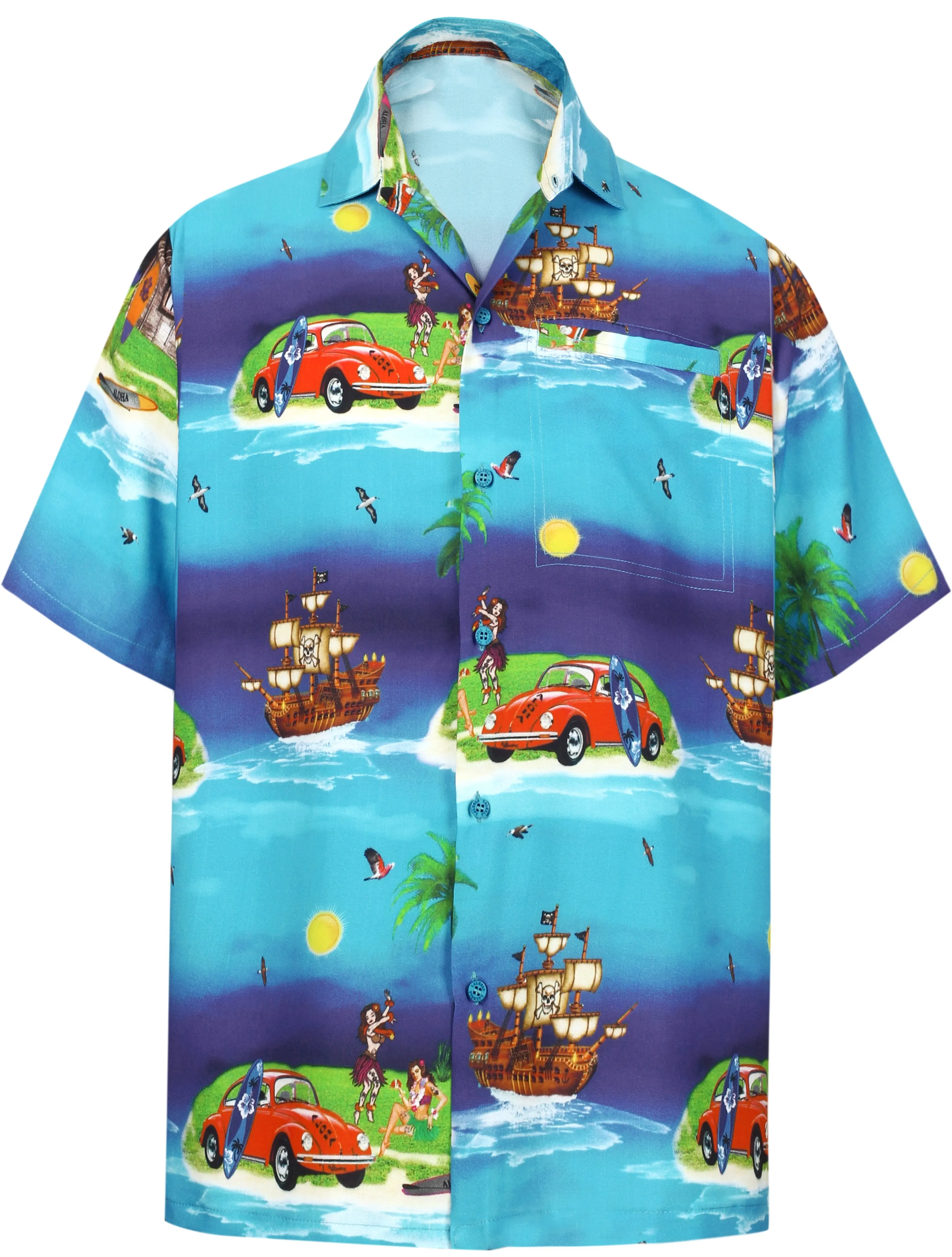 LA LEELA Shirt Casual Button Down Short Sleeve Beach Shirt Men Aloha Pocket shirt Blue_W603