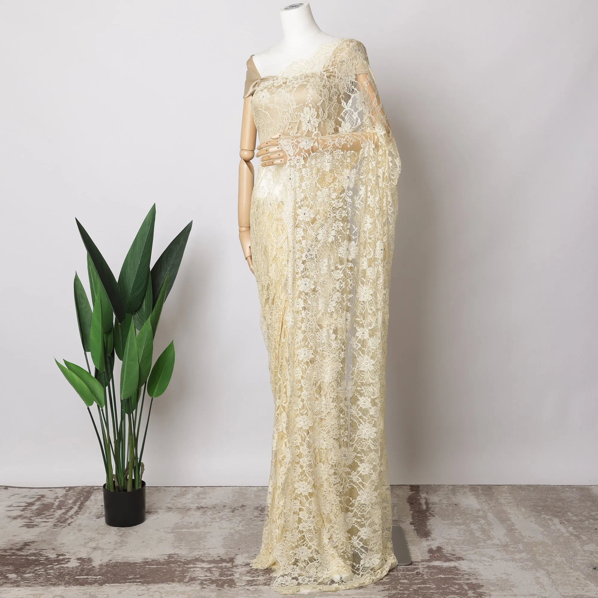 Light Lemon yellowFrench Chantilly Lace Fabric with Stone Work – 5.5 Meters, Floral Embroidered Tulle, 110 cm Width-D21068