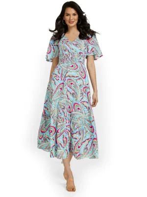 Linen-Blend Paisley Midi Dress