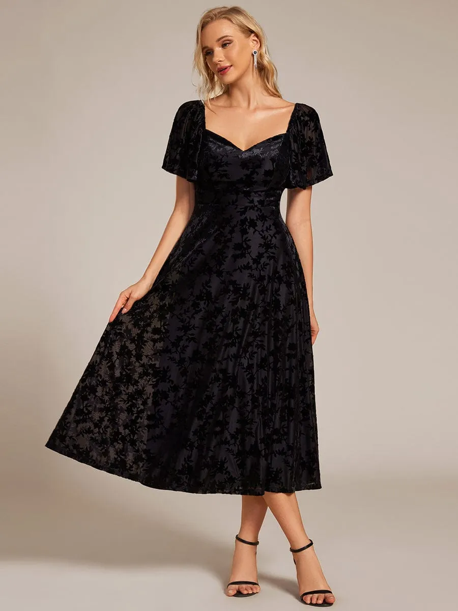 Lola | Elegant Stretchy Short Sleeve Tea Length Velvet Wedding Guest Dress