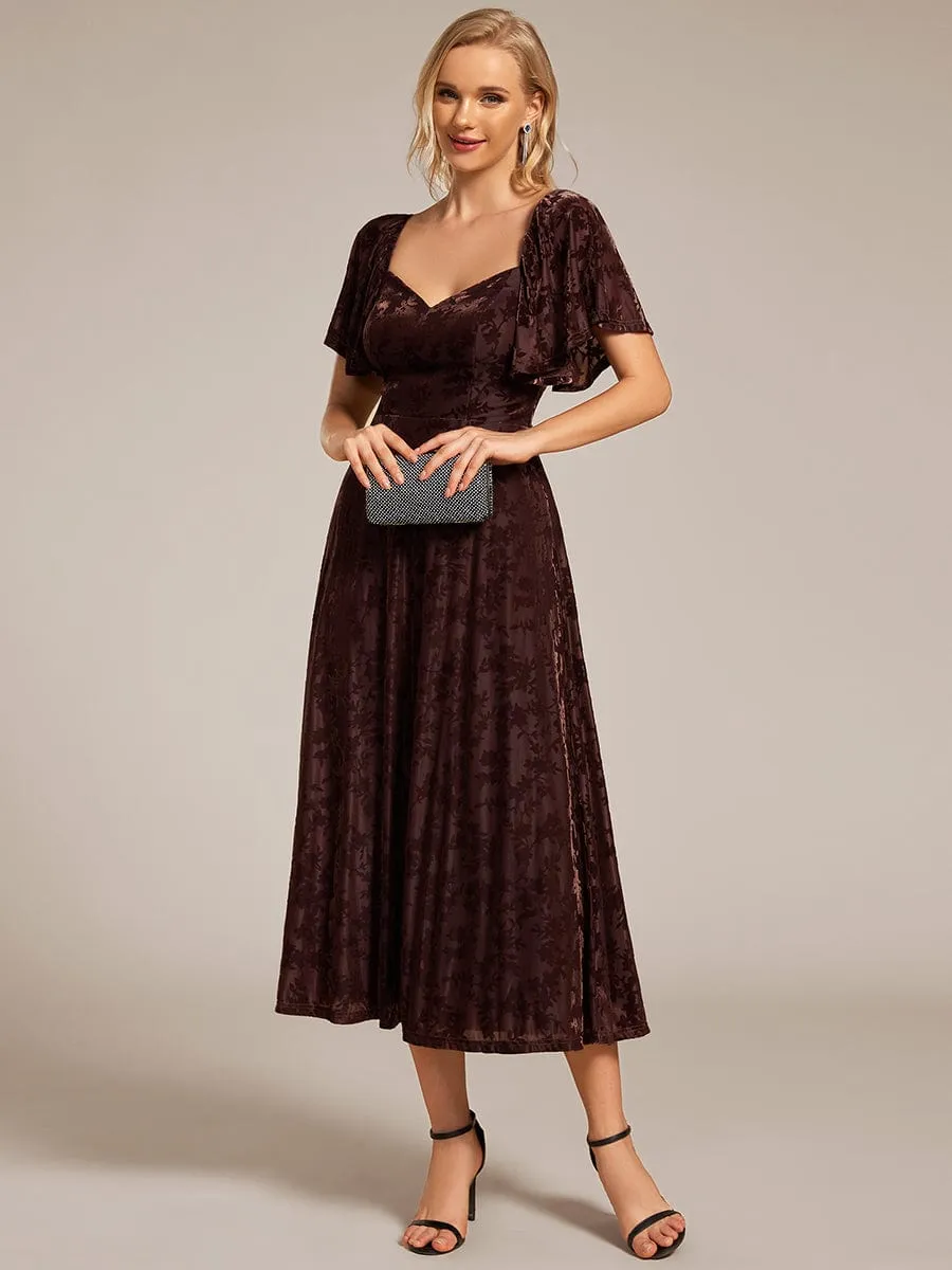 Lola | Elegant Stretchy Short Sleeve Tea Length Velvet Wedding Guest Dress