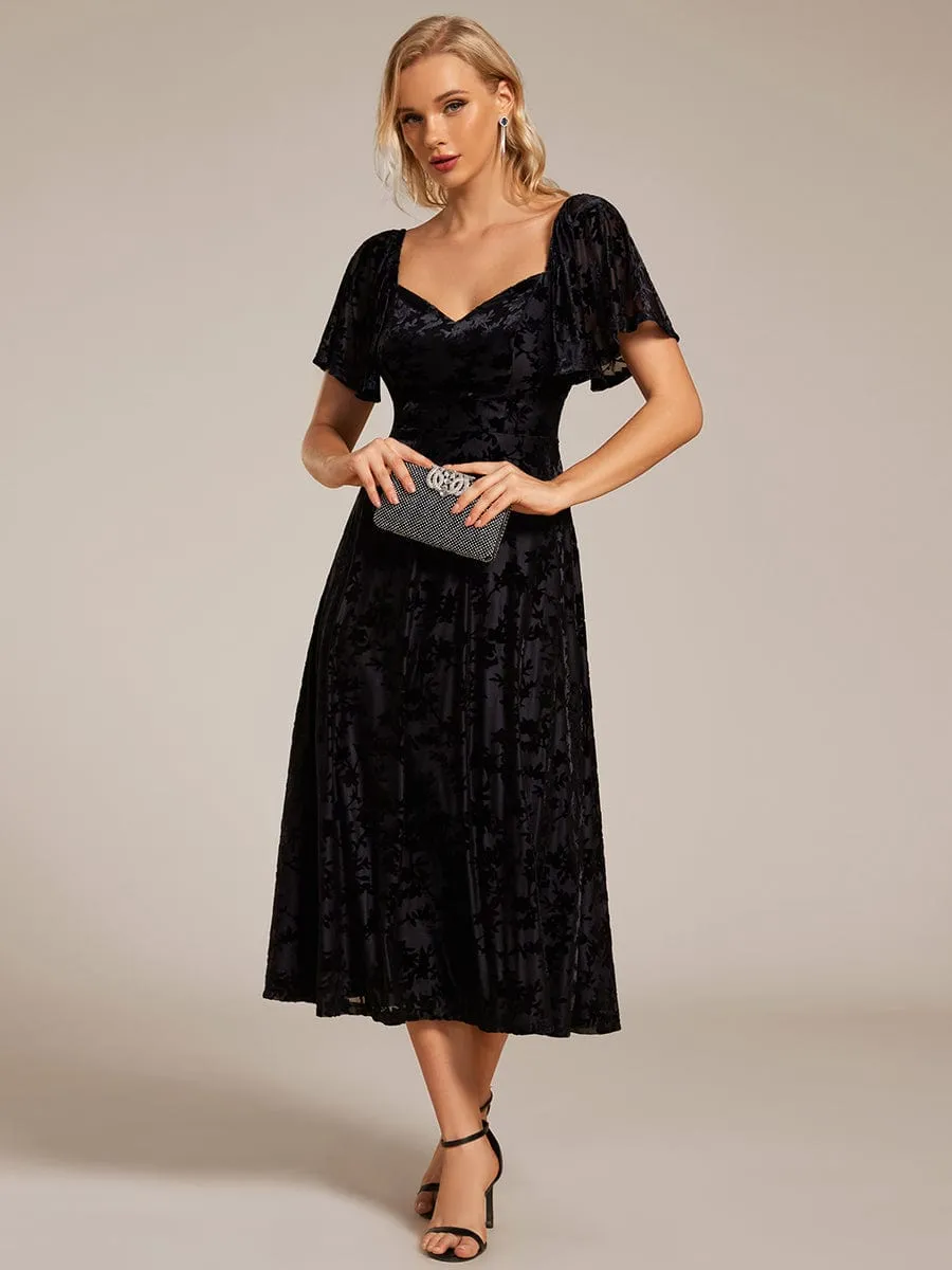 Lola | Elegant Stretchy Short Sleeve Tea Length Velvet Wedding Guest Dress