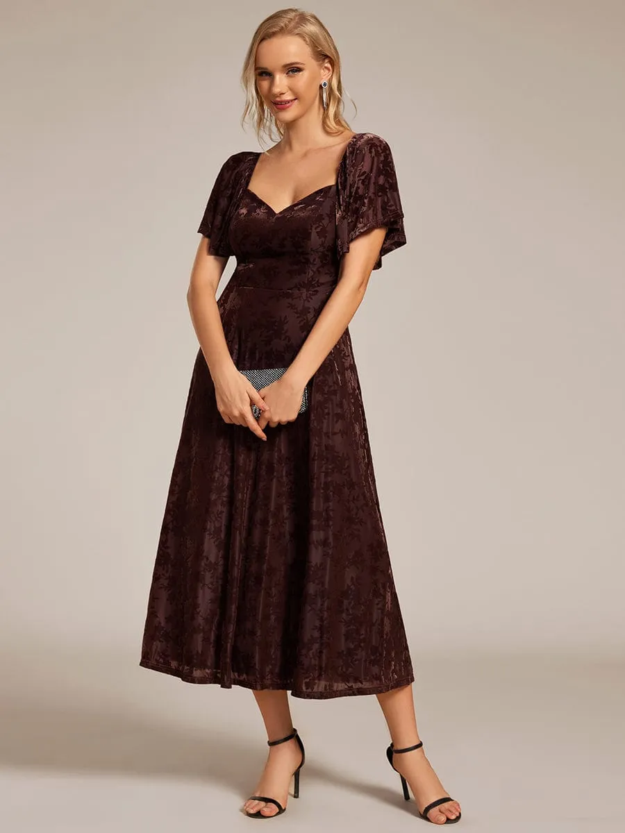 Lola | Elegant Stretchy Short Sleeve Tea Length Velvet Wedding Guest Dress