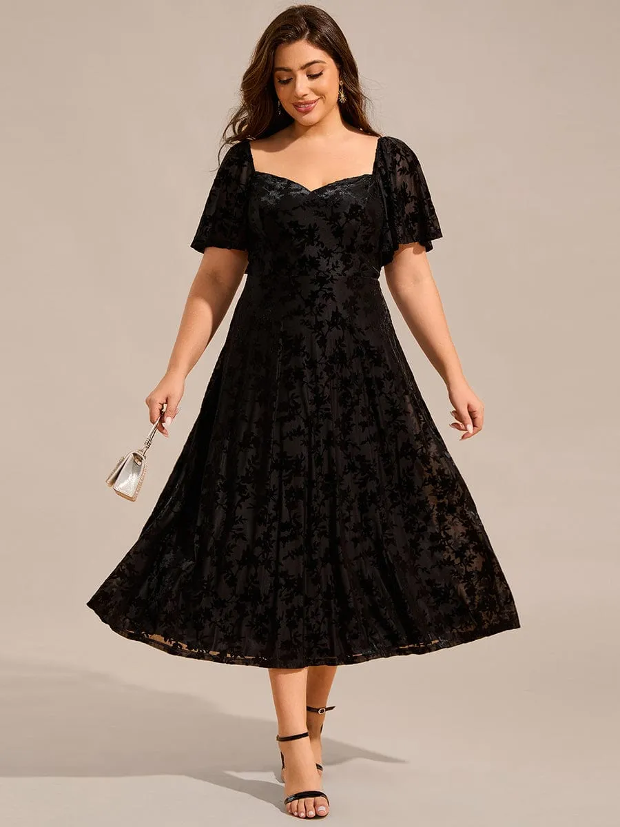 Lola | Elegant Stretchy Short Sleeve Tea Length Velvet Wedding Guest Dress